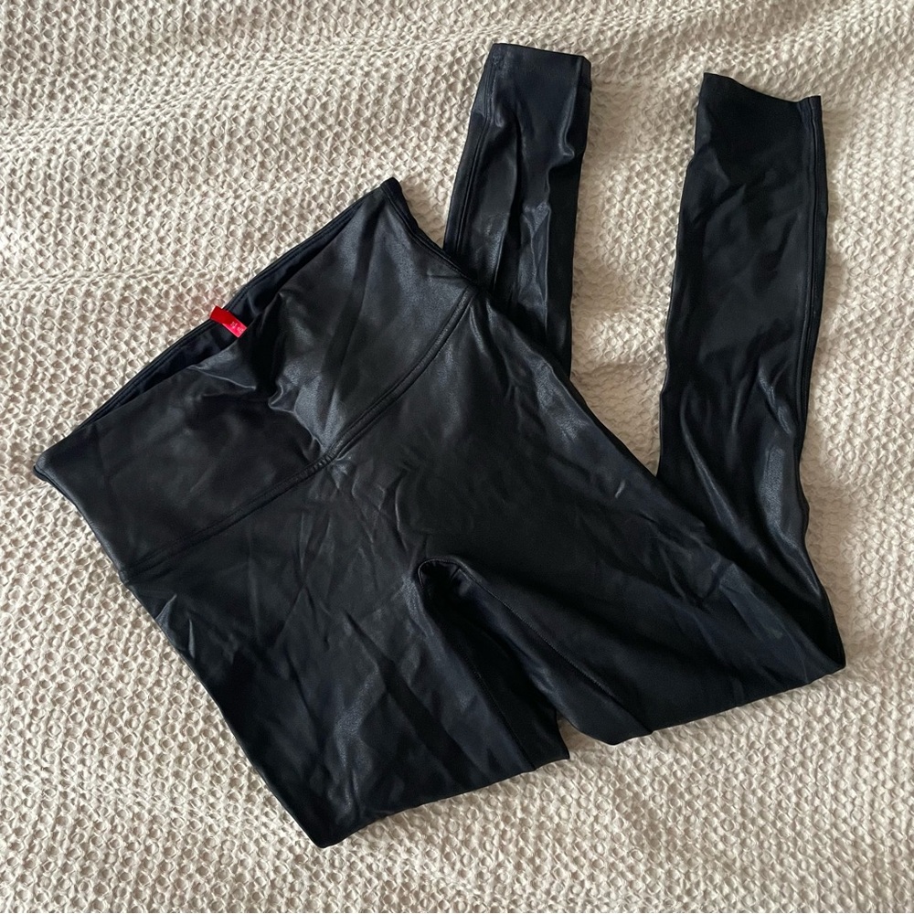 Spanx coated black metallic faux leather shapewear leggings